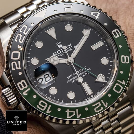 Rolex Gmt-Master II Sprite Replica close analog view and above the wrist
