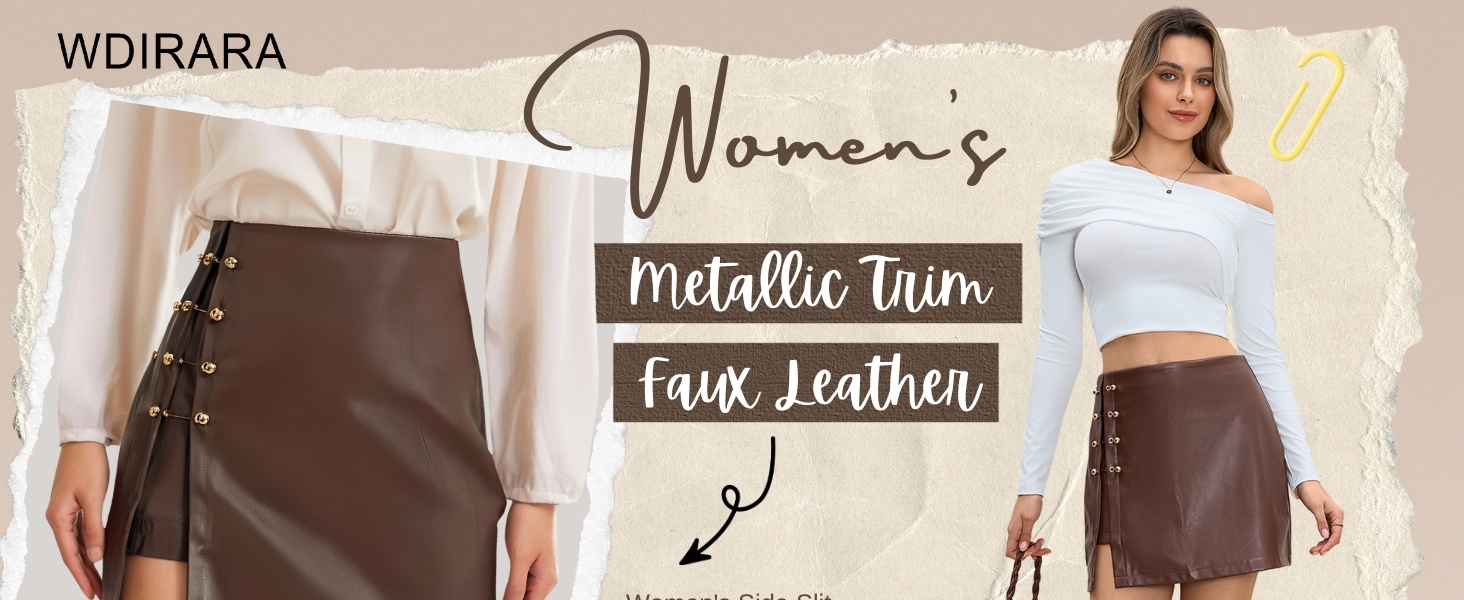 WDIRARA Women's Side Slit Metallic Trim High Waisted Faux Leather Short Skirts