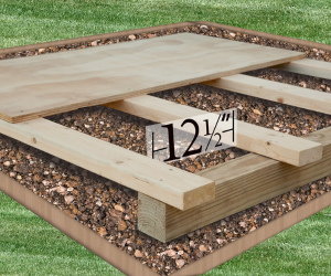 homestead storage shed kit wooden joists placed, highlighting a 12.5-inch height measurement