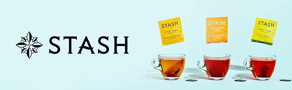 three brewed cups of stash tea with the stash tea logo