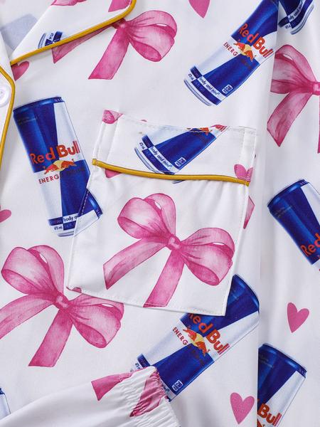 2-piece women's set with bow and heart design, long sleeve top, long pants with small pockets, comfortable, soft, skin-friendly, smooth fabric, elastic waistband, suitable for all seasons, casual loungewear, pajamas.