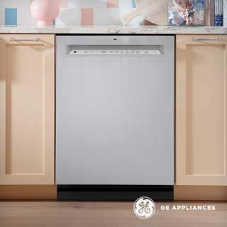 Close-up shot of the GE Appliances dishwasher in a beautiful kitchen.