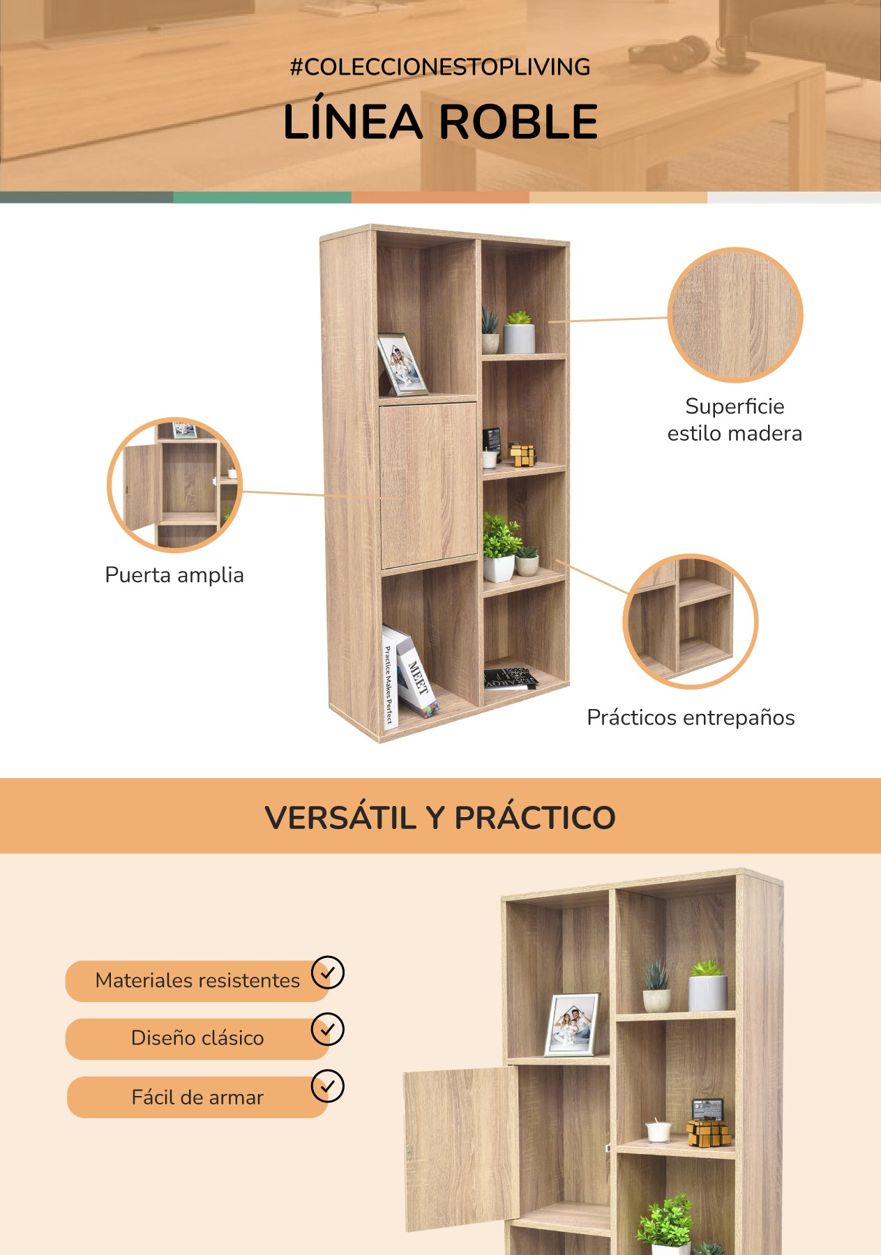 Librero Tokio Vertical con Puerta Central Beige