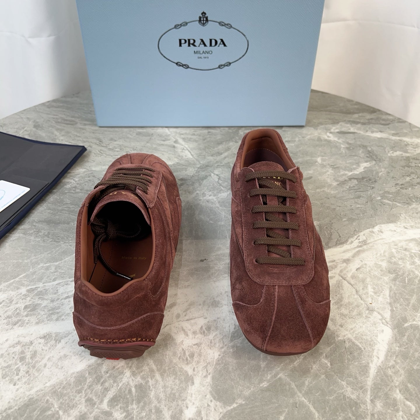 PRADA 25S MONTECARLO ANTIQUED SNEAKERS IN MAHOGANY BROWN SUEDE、mysite、Cacoeks