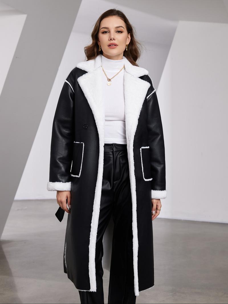 Women's Fall & Winter PU Leather Fur Coat, Thickened Fleece Lined Jacket, Waist Cinching Slimming Warm Outerwear