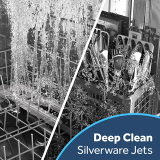 A side-by-side picture shows the power of the deep clean silverware jets with and without the silverware basket.
