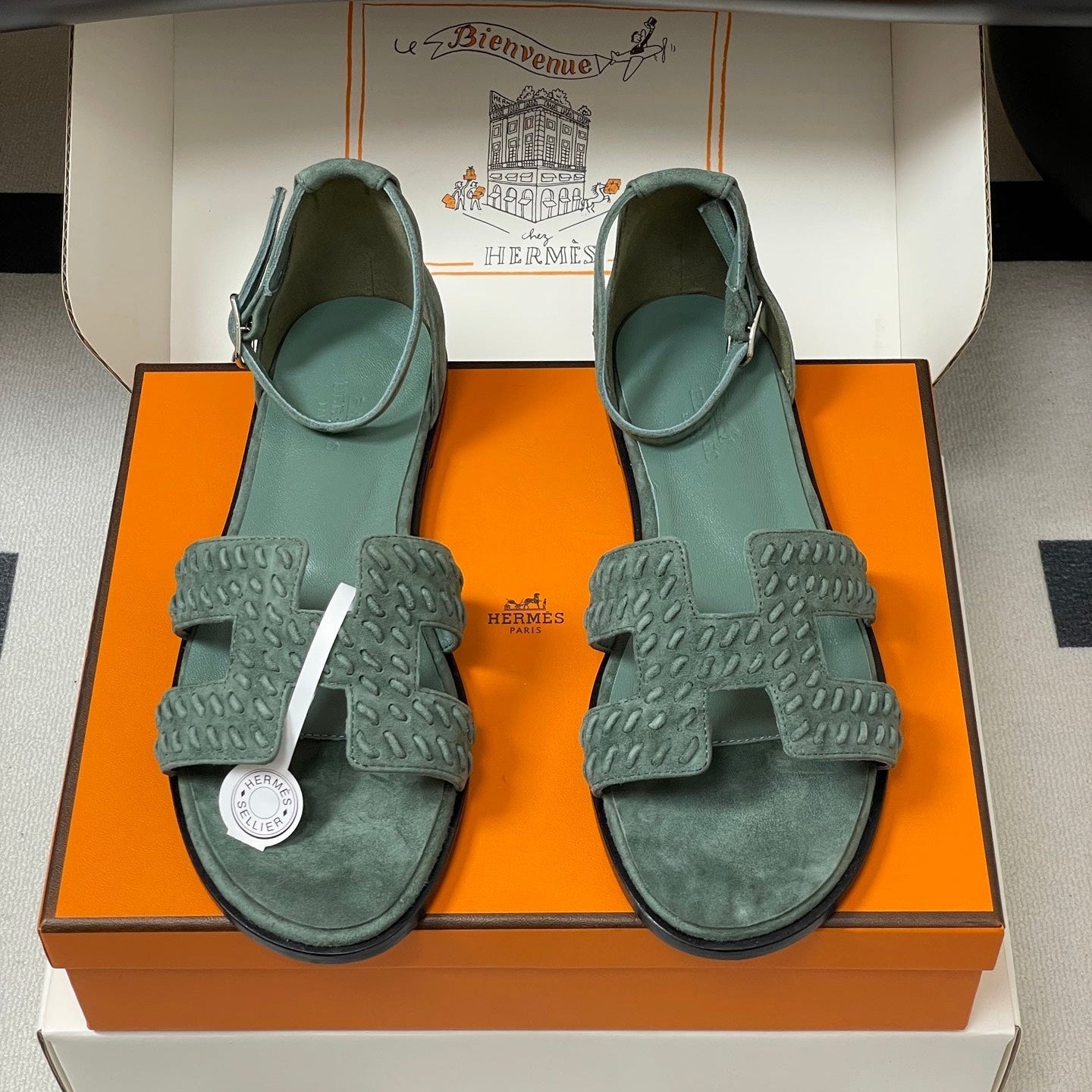 HM 25S SANTORINI SANDAL IN MUTED MINT GREEN SUEDE AND LAMBSKIN、mysite、Cacoeks