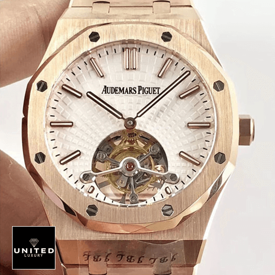 Audemars Piguet Royal Oak Tourbillon 20180803AP004 Replica audemars piguet royal oak tourbillon white dial 20180803AP004 Audemars Piguet Royal Oak Tourbillion White Dial Rose Gold Case Replica on the hand