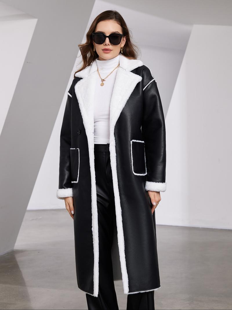 Women's Fall & Winter PU Leather Fur Coat, Thickened Fleece Lined Jacket, Waist Cinching Slimming Warm Outerwear