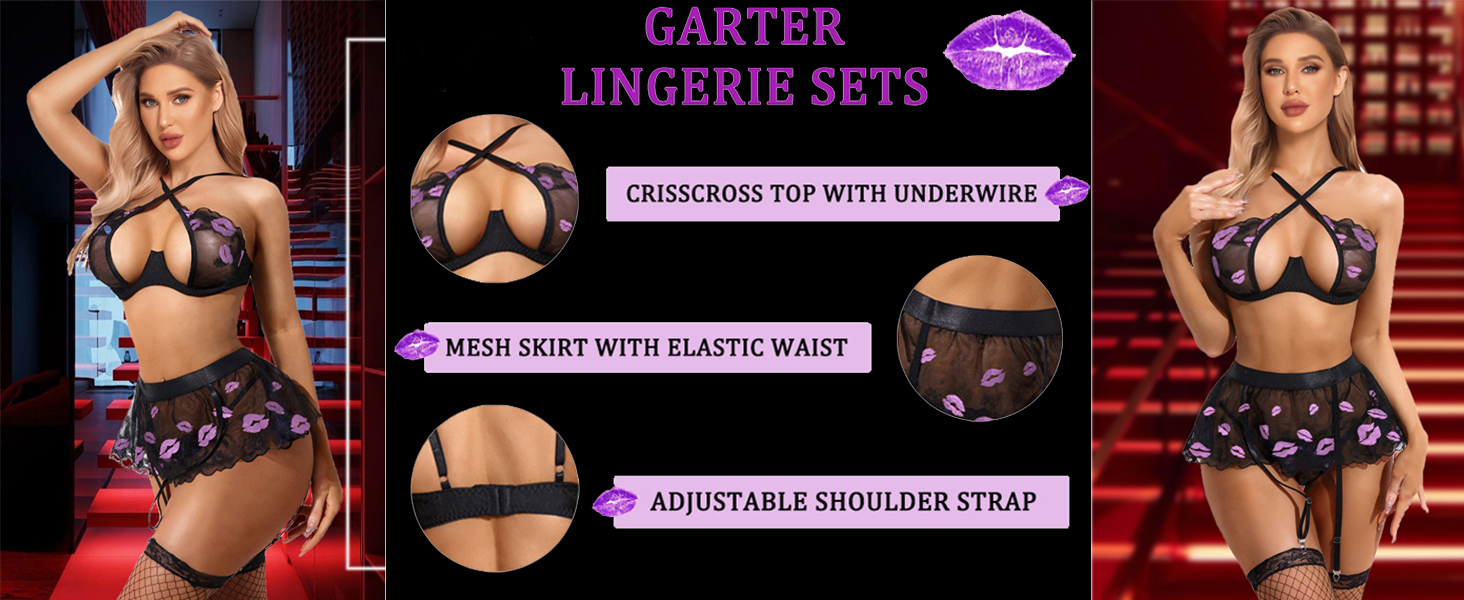 Floral Embroidered Garter Lingerie Set