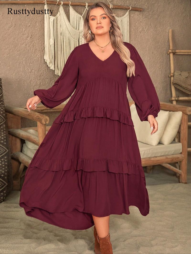 Plus Size Plain Lantern Sleeve Tiered Ruffle Trim Smock Dress, Elegant V Neck Long Sleeve Dress for Vacation Party Wedding Guest, Women's Clothes for All Seasons