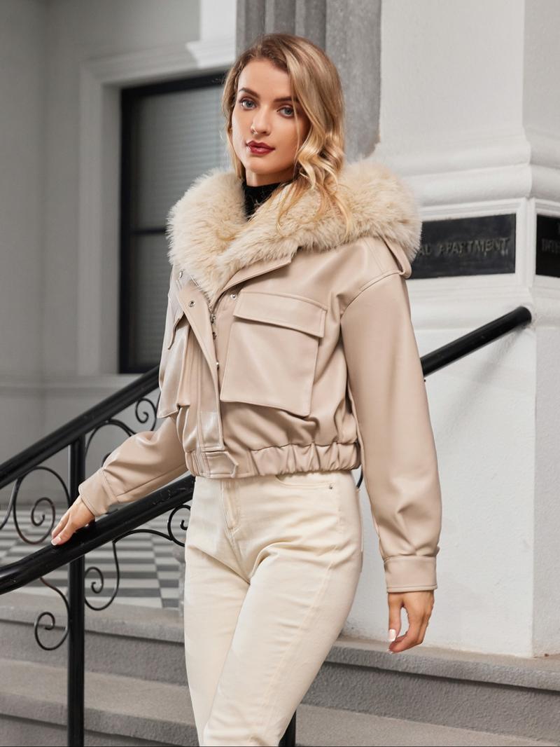 Women's Contrast Faux Fur Trim Hooded Jacket, Casual Long Sleeve Zipper Button Front Pocket Outerwear for Fall & Winter, Women's Clothing for Daily Wear