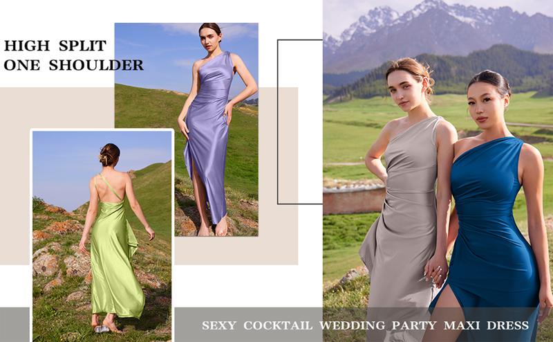 Product Introduction of OYS Women's Sexy One Shoulder Satin High Split Cocktail Fit Wedding Party Maxi Formal Dress 5
