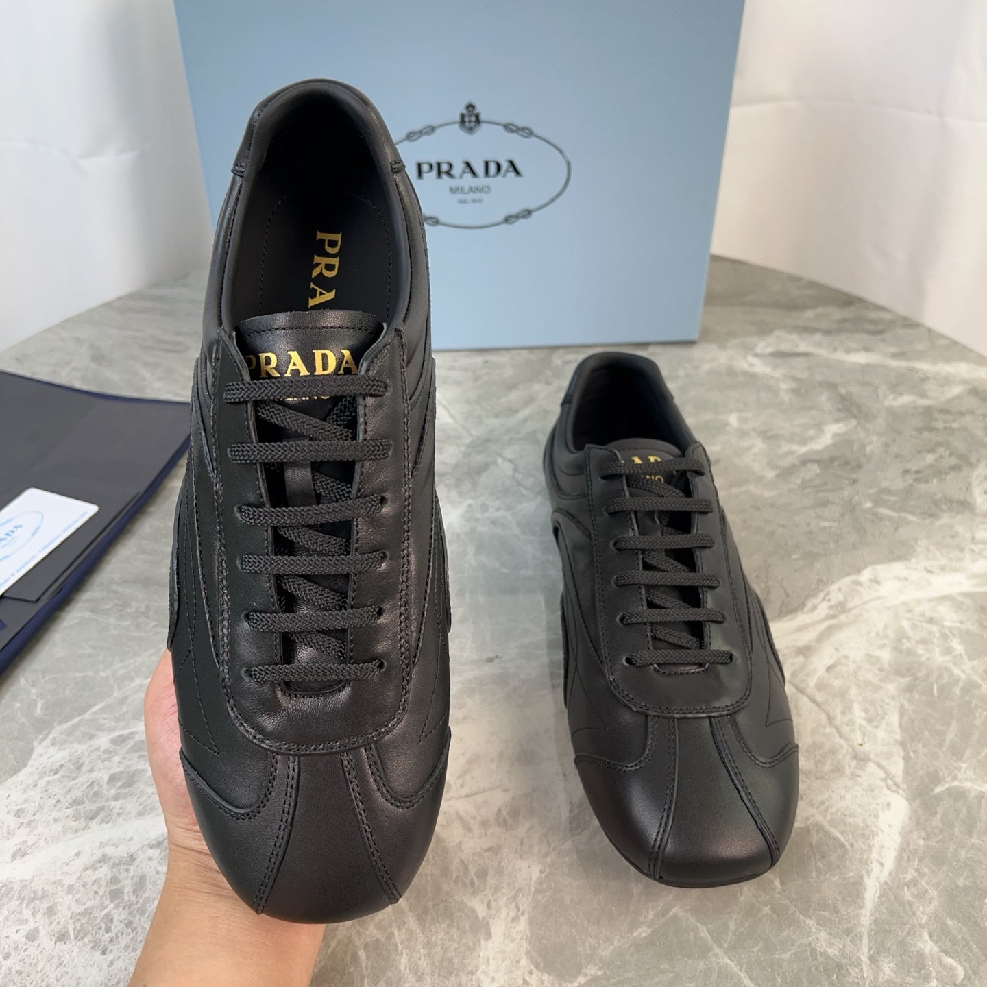 PRADA 25S MONTECARLO ANTIQUED SNEAKERS IN BLACK NAPPA LEATHER、mysite、Cacoeks