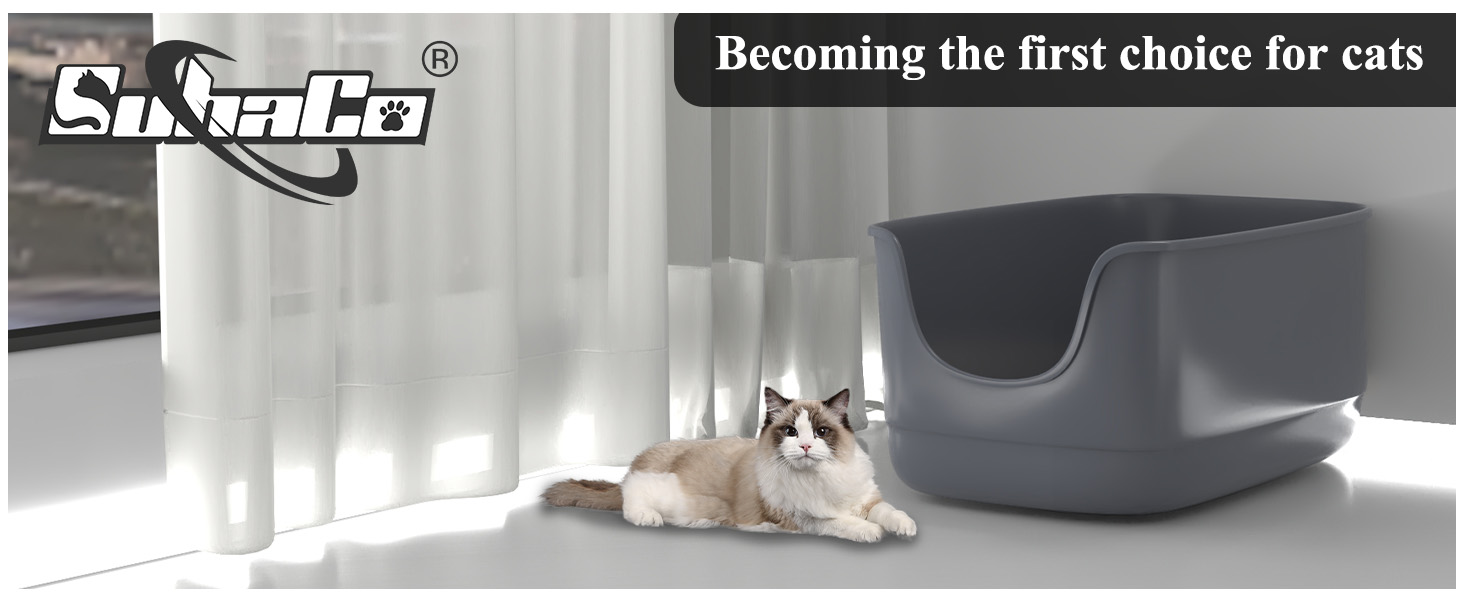 Text reads 'Becoming the first choice for cats'. Modern gray cat litter box or furniture piece shown in minimalist home setting.