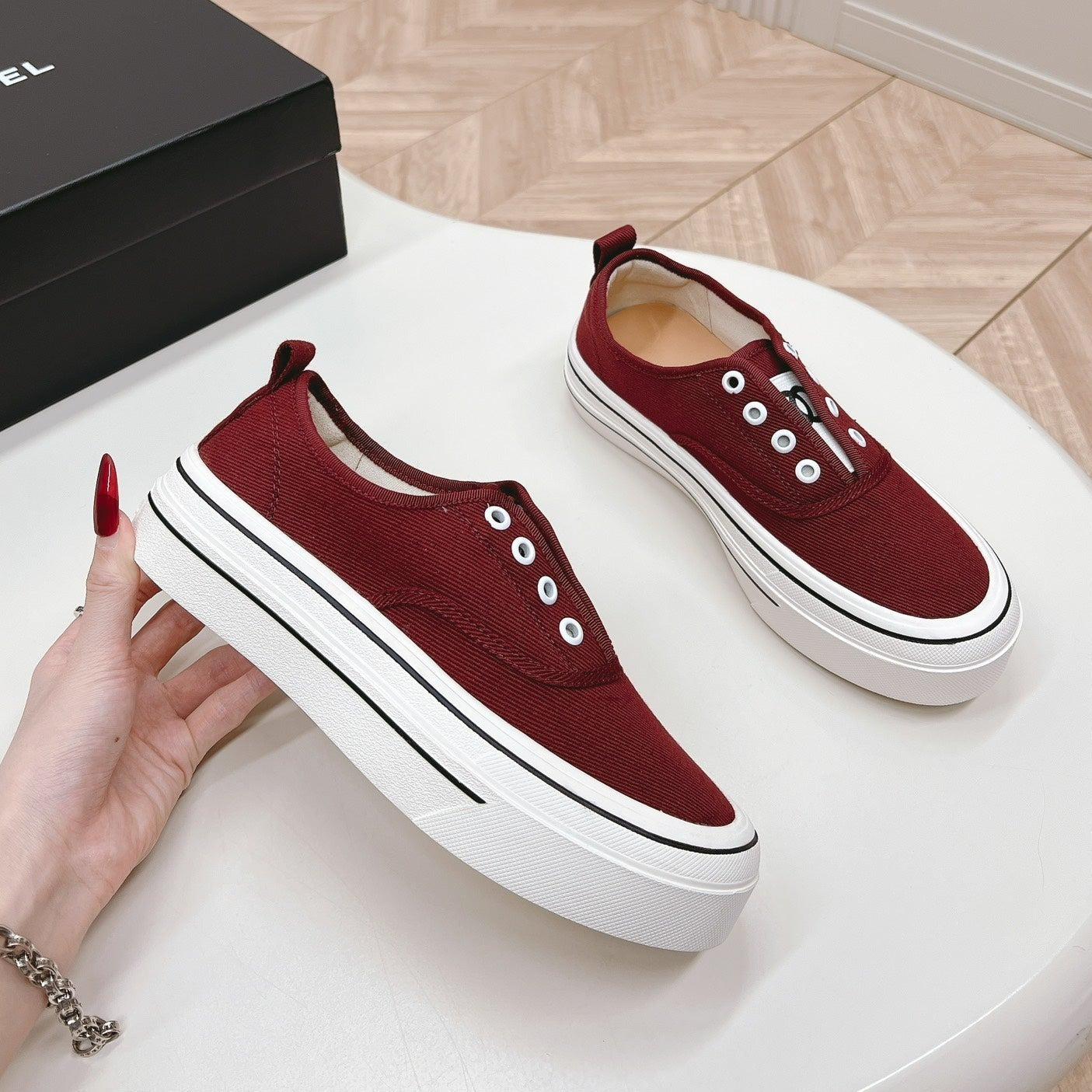 Double C Platform Biscuit Shoes Fabric Cherry Red、mysite、Cacoeks