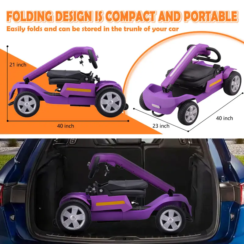 foldable mobility scooter for adults senior 4 wheels powered device for travel lightweight and portable with led strip light storage bag charger included no assemble required details 7