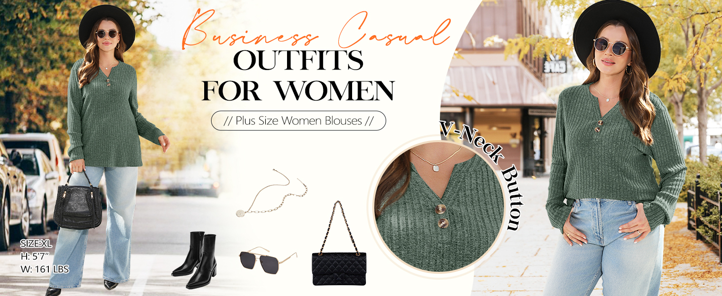 Text reads 'OUTFITS FOR WOMEN'. Fashion product collage featuring green sweater, boots, sunglasses, and handbag with circular detail callouts.