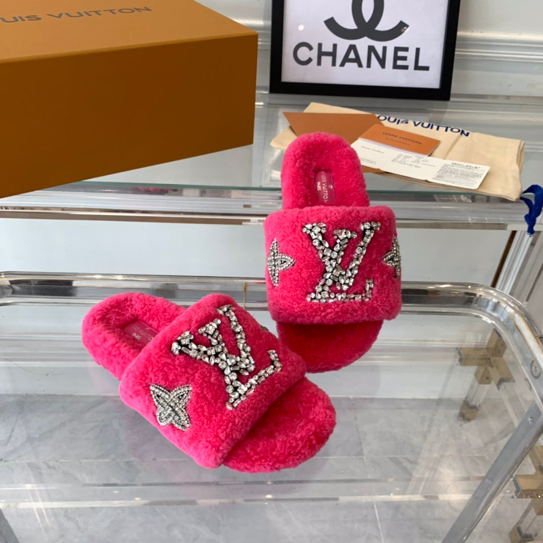 LV WOMEN'S PASEO FLAT SLIPPER IN DEEP PINK FLEECE、mysite、Cacoeks