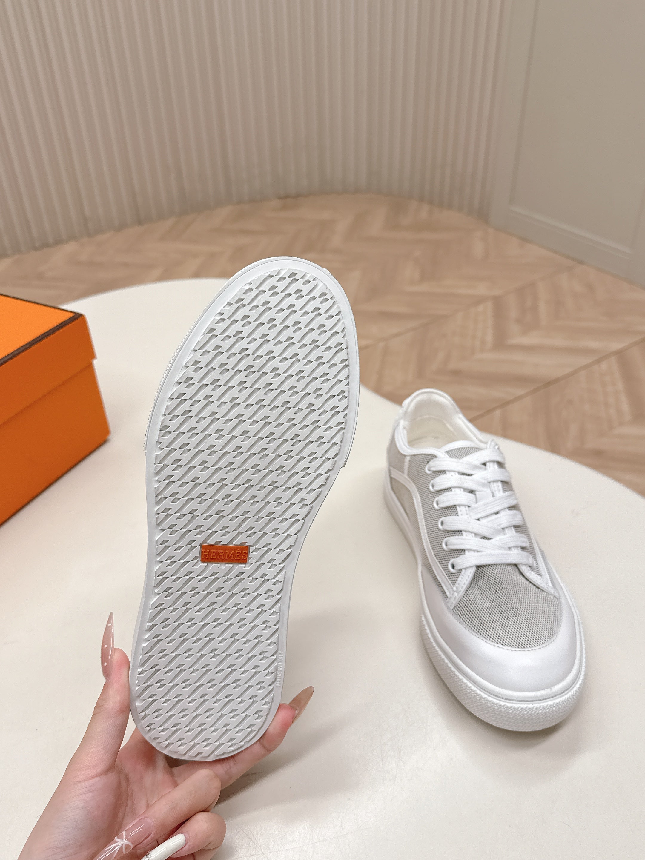 HM 25S SNEAKER LOW SPORTS IN GREY CANVAS MIX WHITE LAMBSKIN、mysite、Cacoeks