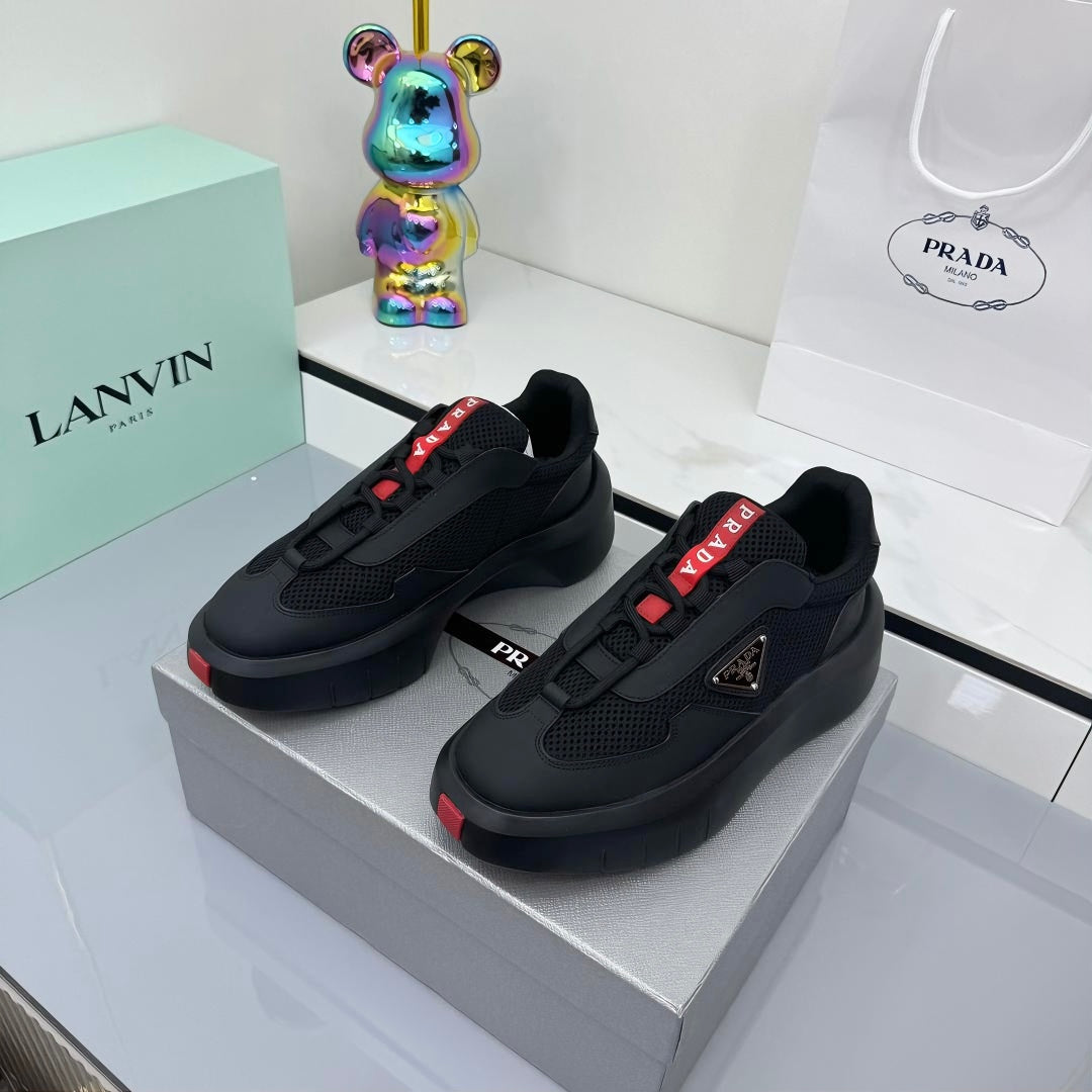 PRADA 25S CROSS LACED SNEAKERS IN BLACK CALFSKIN、mysite、Cacoeks