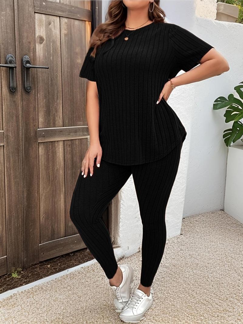 [Plus Size] Two-Piece Set Solid Drop Shoulder Top & Skinny Pants Ribbed Pajama Set, Casual Comfy Round Neck Long Sleeve Top & Trousers Set, Women's Sleepwear for Fall & Winter