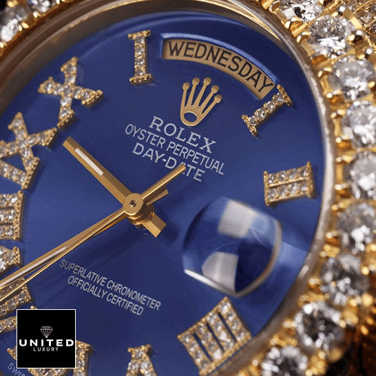 Mens Iced Out Watches Replica 3 Rolex Day-Date 36 18038 Blue Dial Diamonds Romen Numerial Replica