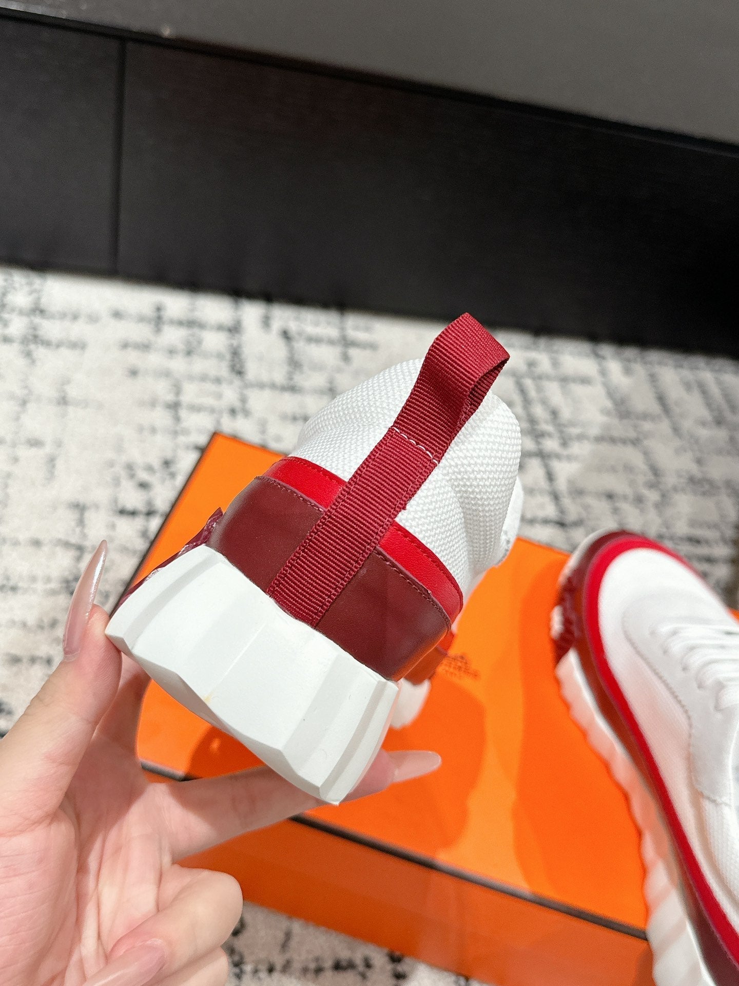 BOUNCING SNEAKER IN WINE RED CALFSKIN AND WHITE FABRIC、mysite、Cacoeks
