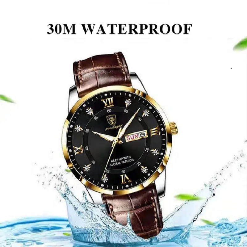 POEDAGAR Men's Fashion Ultra Thin Watches Top Quality Luxury Waterproof Luminous Date Week Leather Watch For Man Business Casual