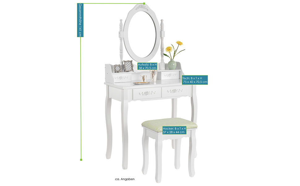 Juskys Mira White Dressing Table with Mirror Top, Drawers & Stool | ArtLife