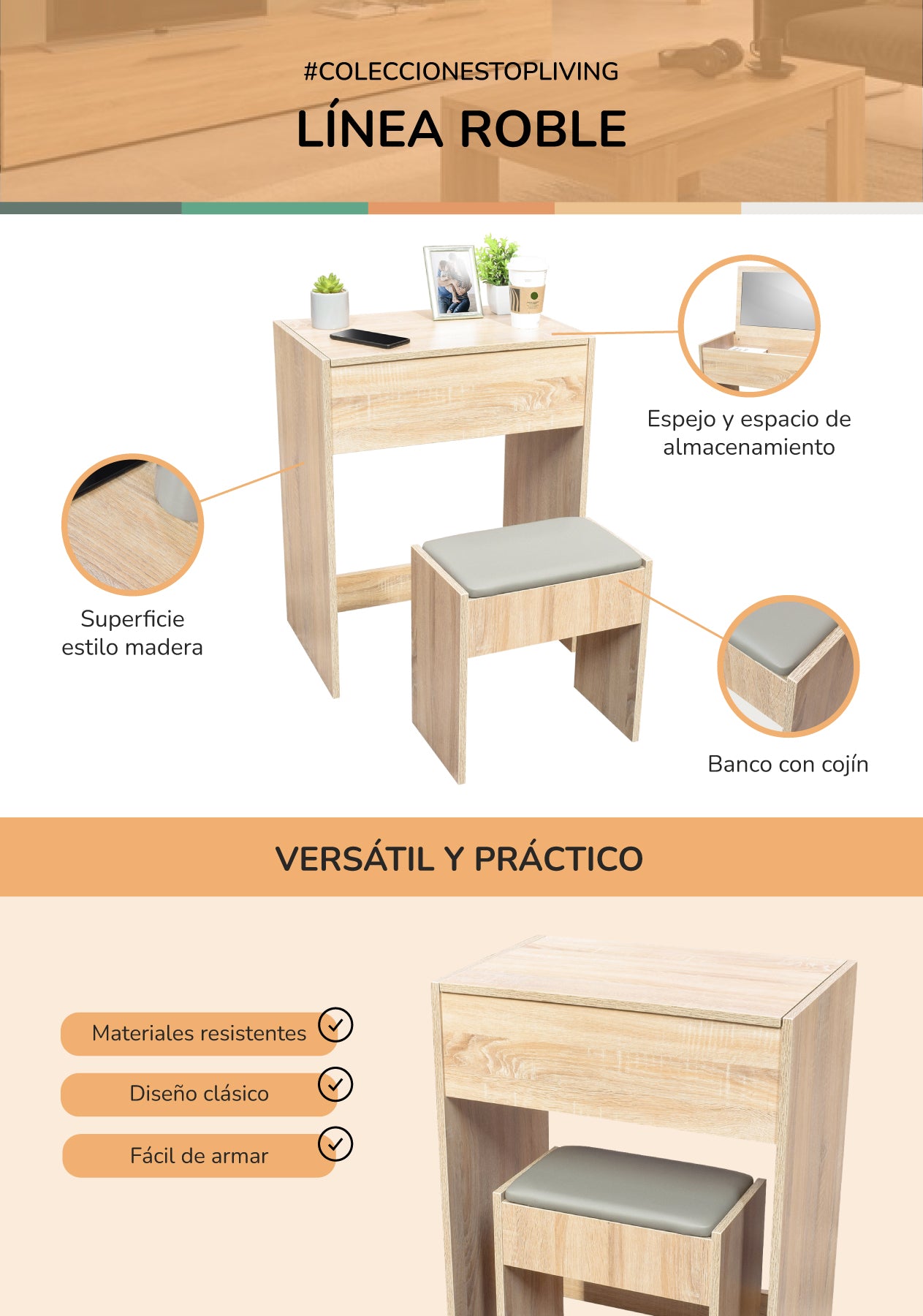 Tocador Osaka con Espejo y Banco con Cojín Beige