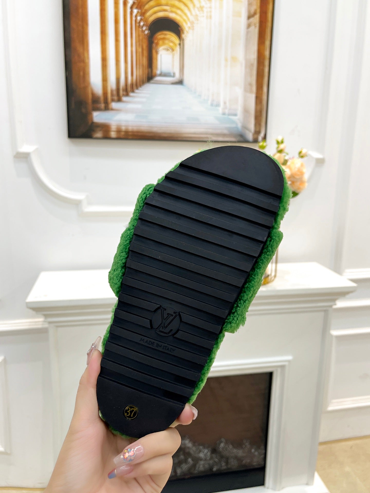 LV FLAT SLIPPER IN EMERALD GREEN MIX WHITE SHEARLING、mysite、Cacoeks