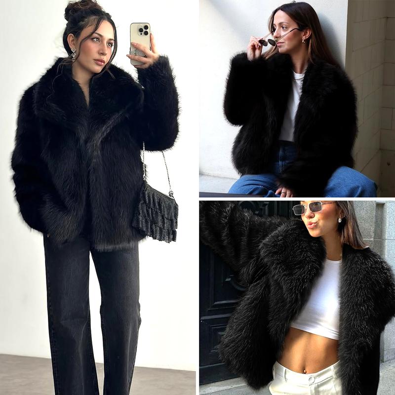 Buenoble Women's Brown Faux Fur Coat Winter Fluffy Short Jacket Warm Fuzzy Oversized Outwear Top Shaggy Collar Full Lining Short Jacket with Side Pockets