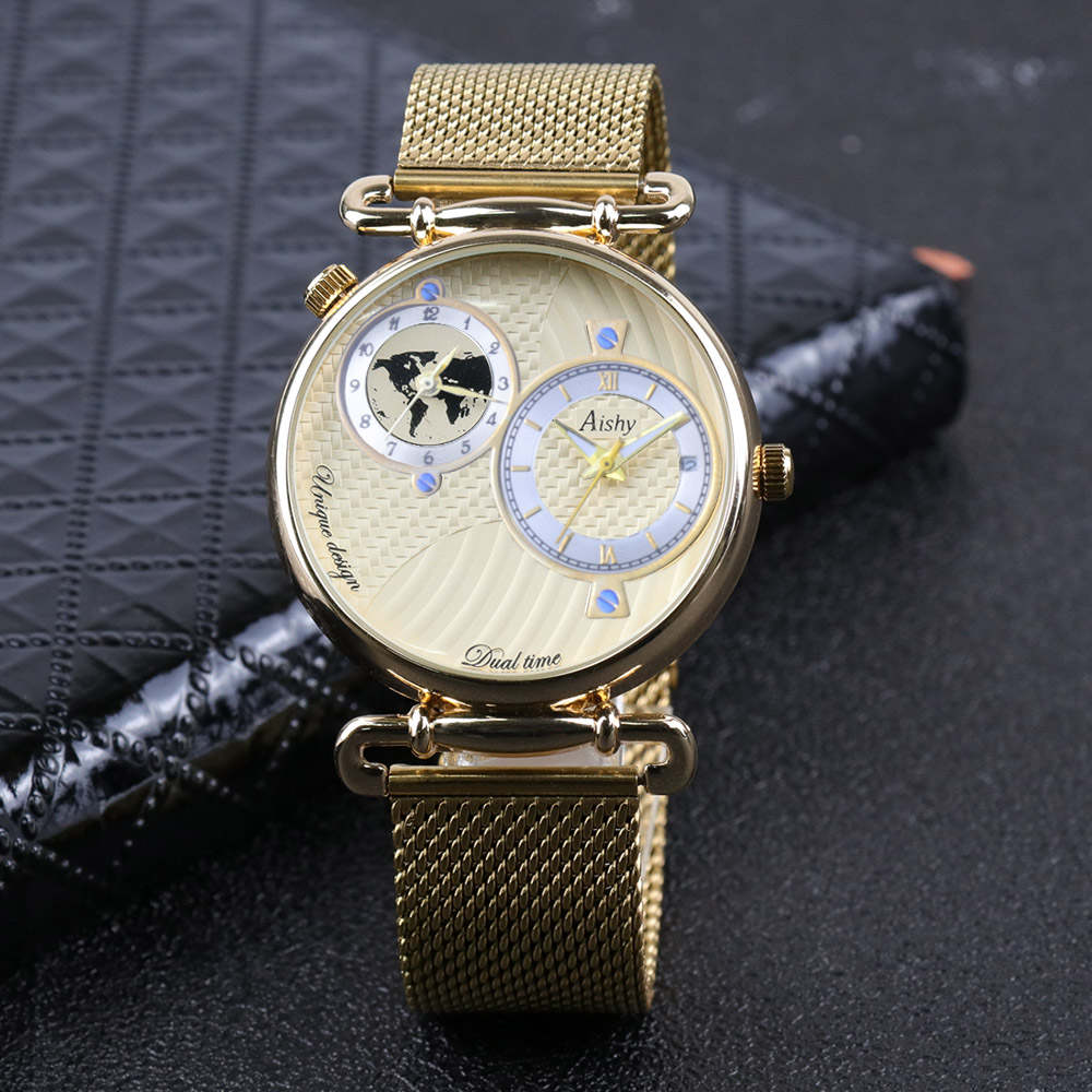 Custom Logo Men Quartz Watch Work Business  Aishy Watch Men Top Luxury Brand Stainless Steel Men WristWatch Dual time zone