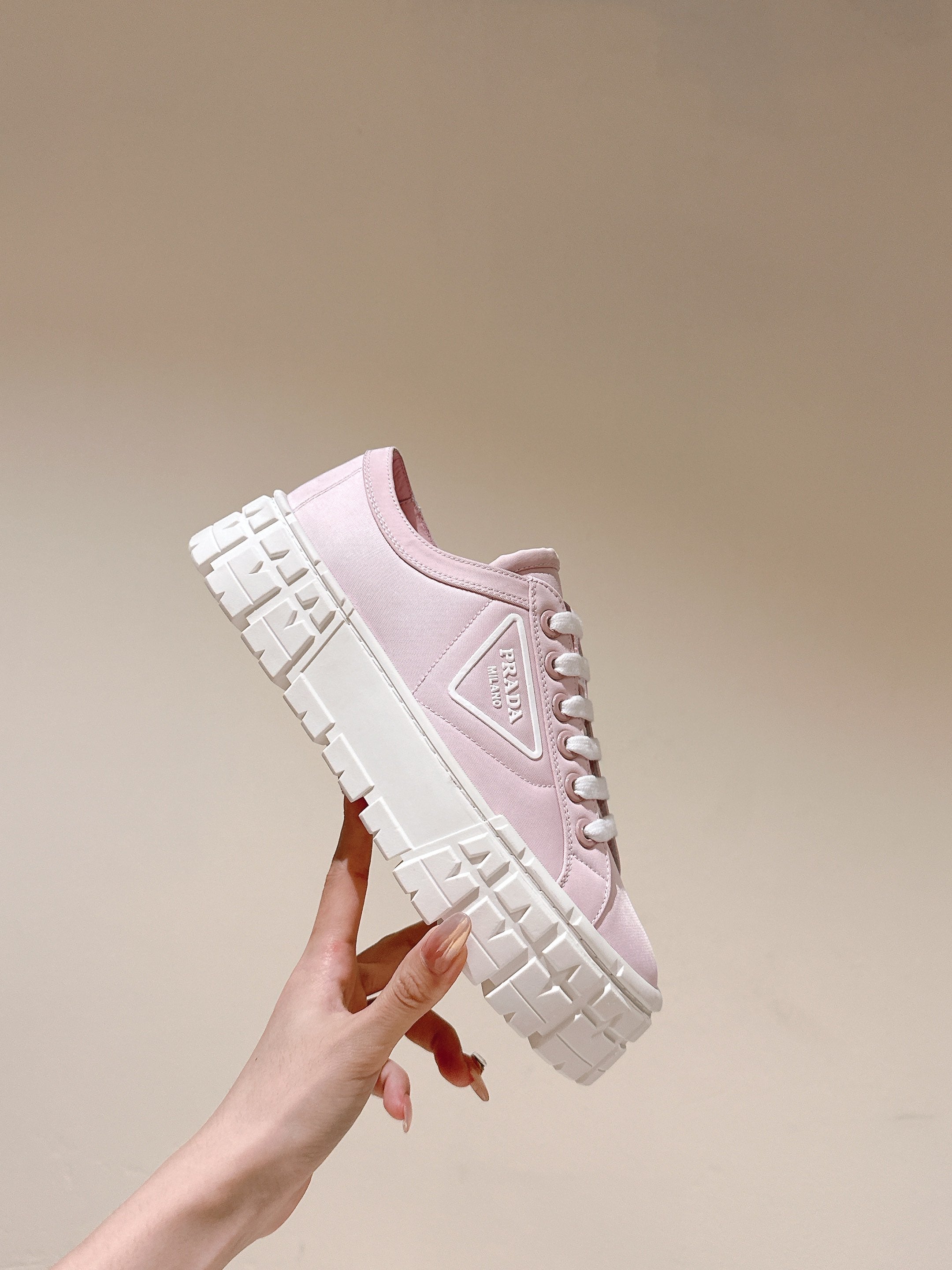 PRA DOUBLE WHEEL RE-NYLON GABARDINE SNEAKERS PASTEL PINK CALFSKIN、mysite、Cacoeks