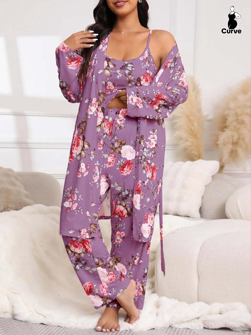 [Plus Size] Three-Piece Set Floral Print Belted Lounge Robe & Cami Top & Elastic Waist Pants Pyjama Set, Elegant Comfy Drop Shoulder Long Sleeve Robe & Sleeveless Top & Bow Decor Trousers PJ Set, Women's Sleepwear for Spring & Fall