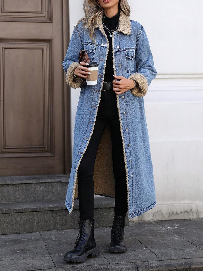 Women's Long Denim Jacket With Fleece Lining, Elegant Single-Breasted Design, Perfect For Winter