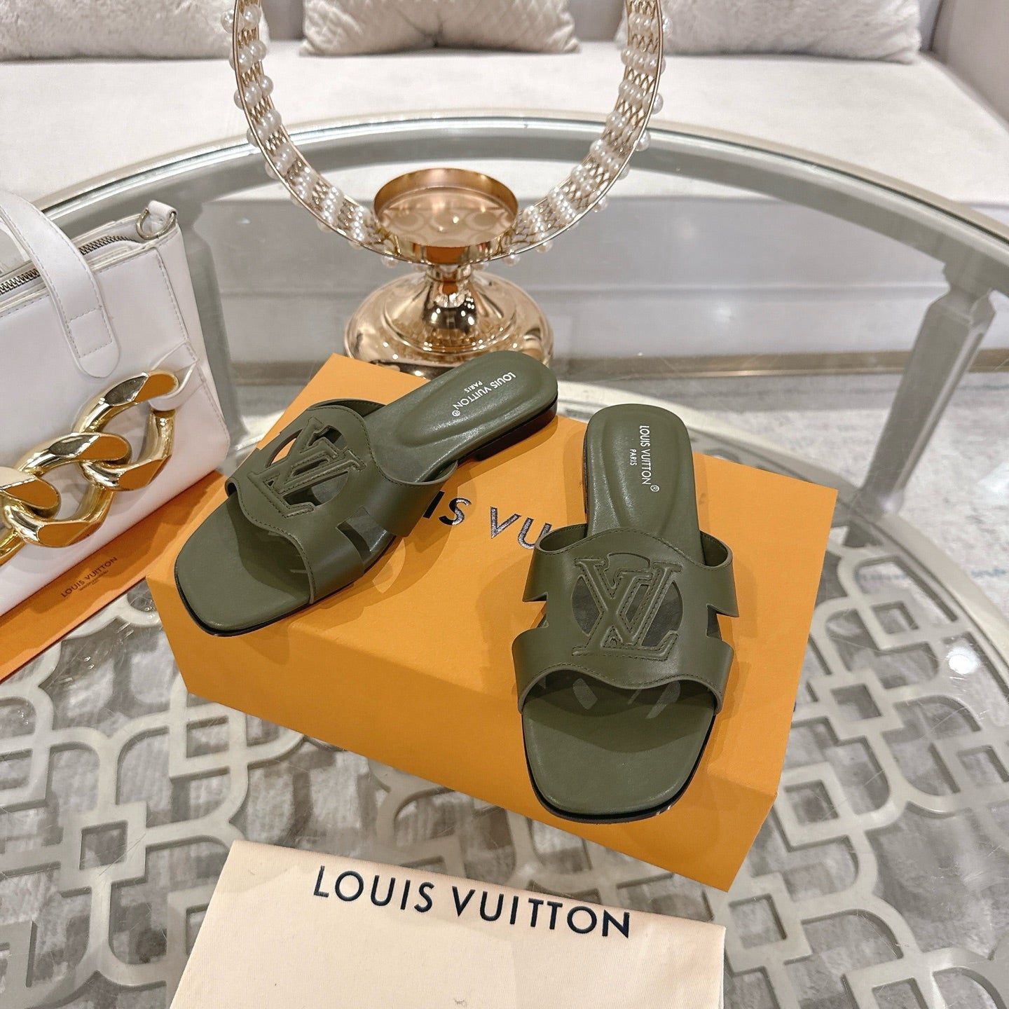 ISOLA FLAT SLIDE IN ARMY GREEN CALFSKIN、mysite、Cacoeks