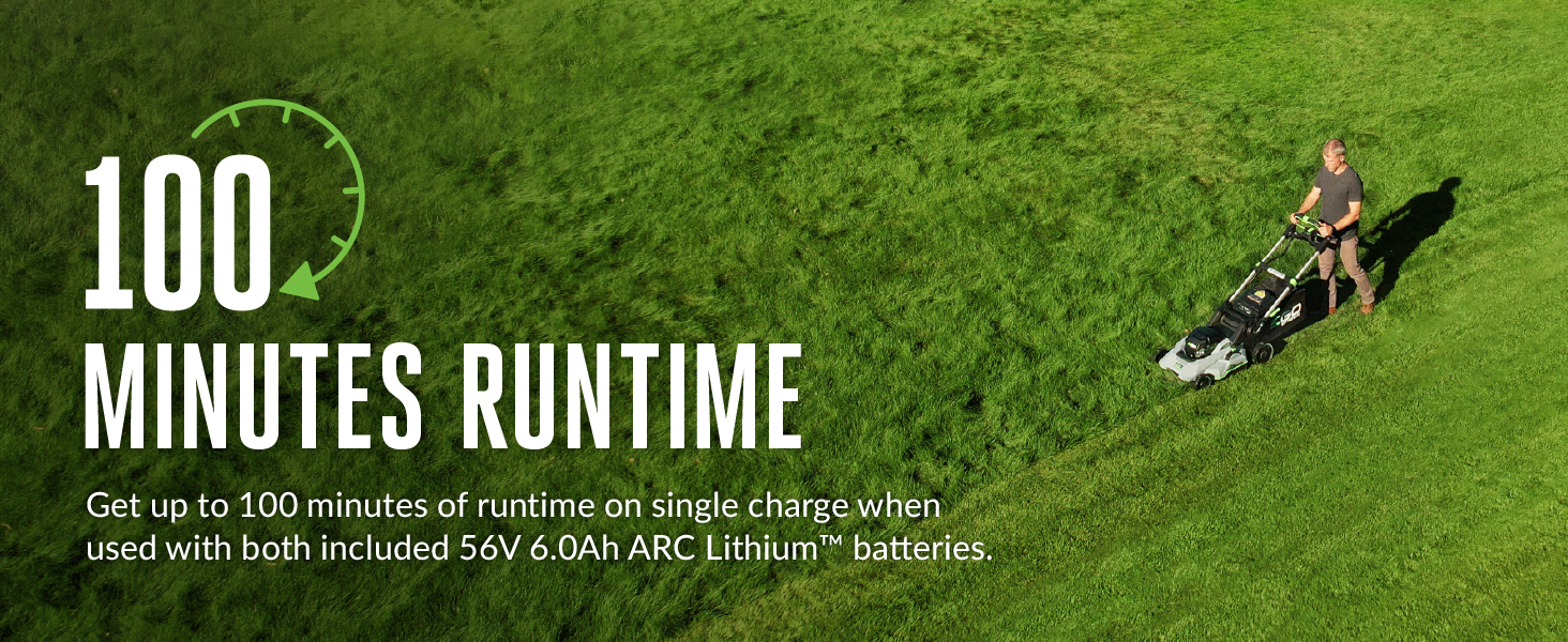 man mowing large yard and battery runtime of 100 minutes with 2 included batteries
