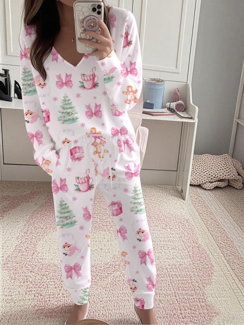 Women's Christmas Print Casual Set, Long Sleeve V Neck Top & Belted Pants, Ladies Homewear & Pajamas, Spring & Fall Fashion