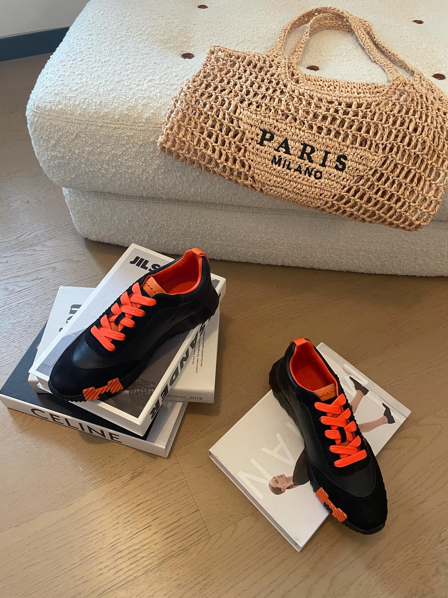 BOUNCING SNEAKERS BLACK CALFSKIN WITH ORANGE LACES、mysite、Cacoeks