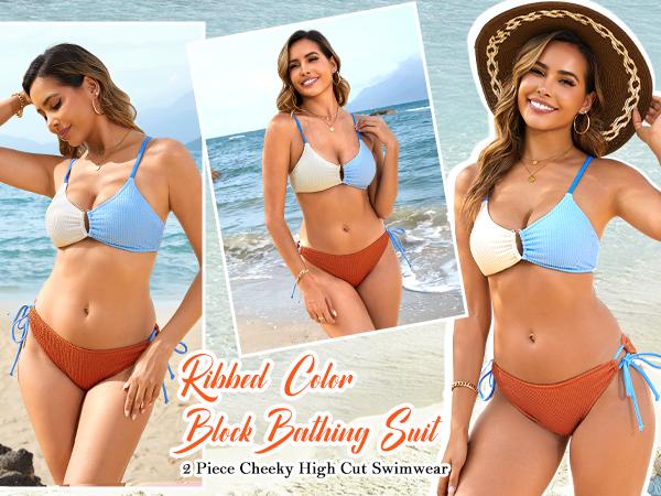 Blooming Jelly Color Block Textured U-Wire Swimsuits Womens Sexy Cheeky High Cut 2 Piece Bikini Sets