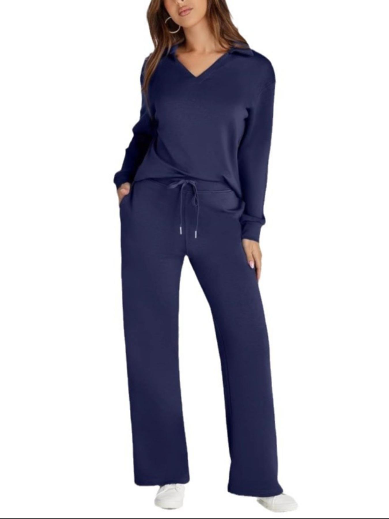 Women's Long Sleeve Drawstring Pants Set Outfit, Casual Fall Winter, Fashionable Pure Color Commuter Wear, Style