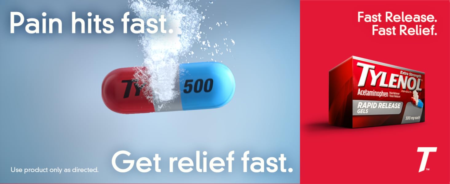 Pain hits fast. Get Relief Fast. Graphic of Tylenol Rapid Release Gel releasing pain relief medicine