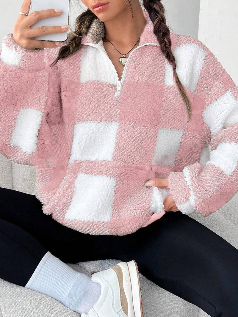 Women's Plaid Print Half Zip Drop Shoulder�Fleece�Sweatshirt, Casual Long Sleeve Stand Collar Pullover for Spring & Fall, Ladies Clothes for Daily Wear