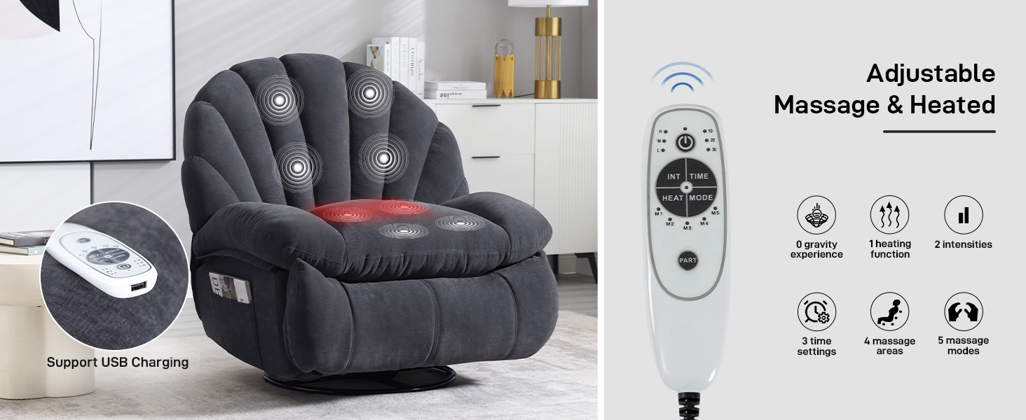 adjustable massage heated recliner 9072 grey