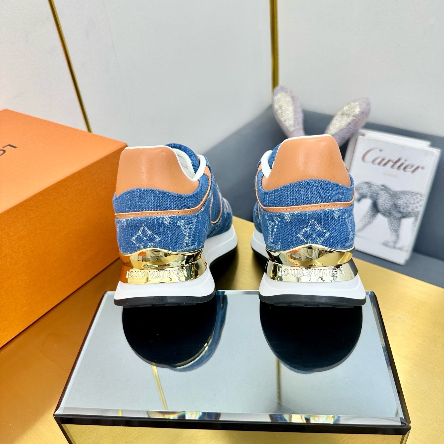 NEO RUN AWAY SNEAKER IN CLASSIC BLUE MONOGRAM DENIM AND ORANGE CALFSKIN、mysite、Cacoeks