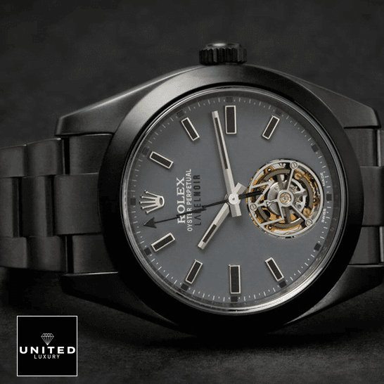 Rolex Label Noir Replica 4 Rolex Label Noir Replica dial is grey in color with stick indeces and ceramic hour markers