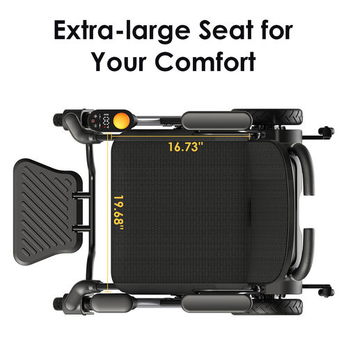 Extra-large ergonomic seat with dimensions for comfort in mobility scooters