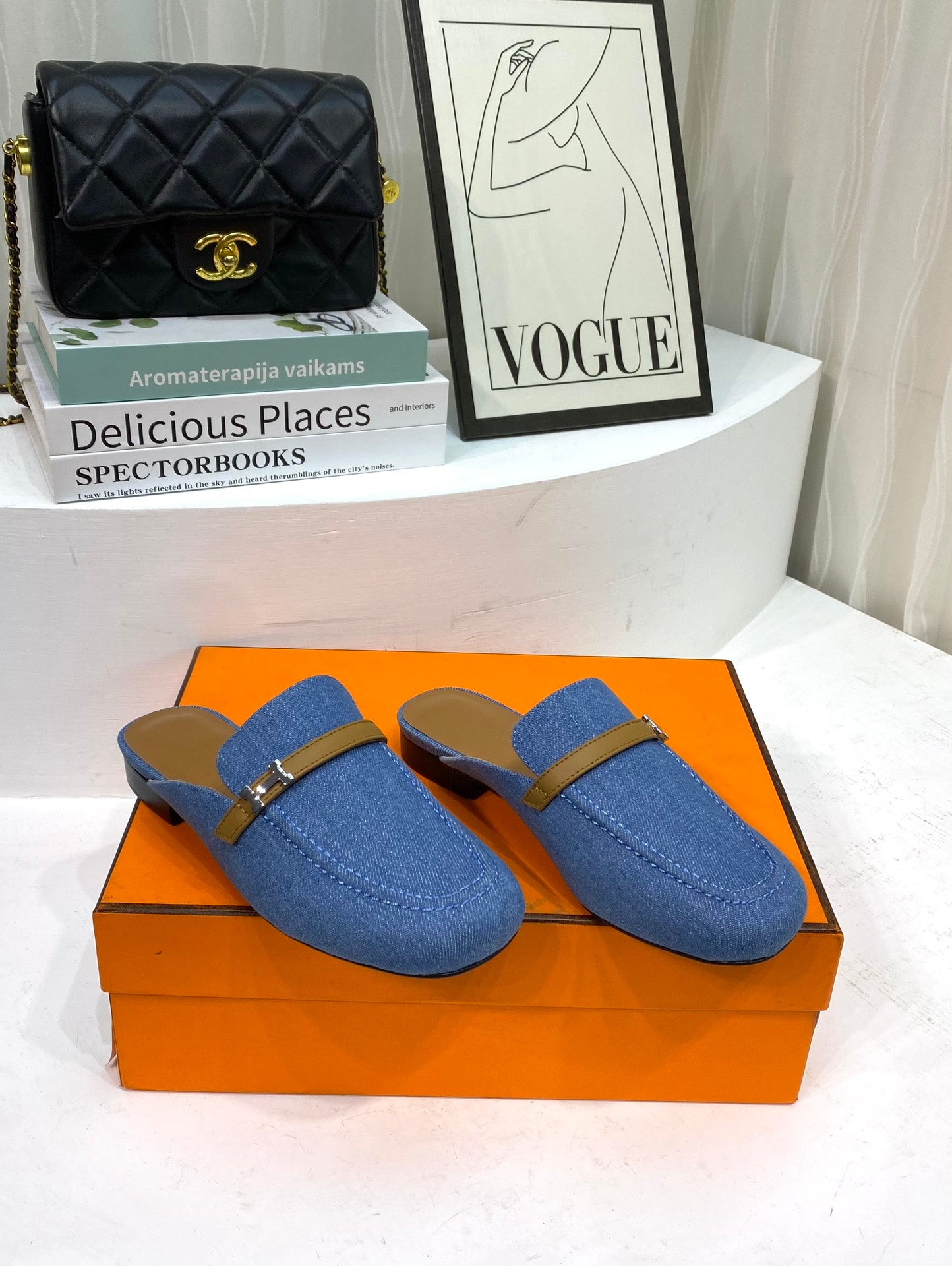 IENA MULE LAPIS CANVAS AND CARAMEL CALFSKIN、mysite、Cacoeks